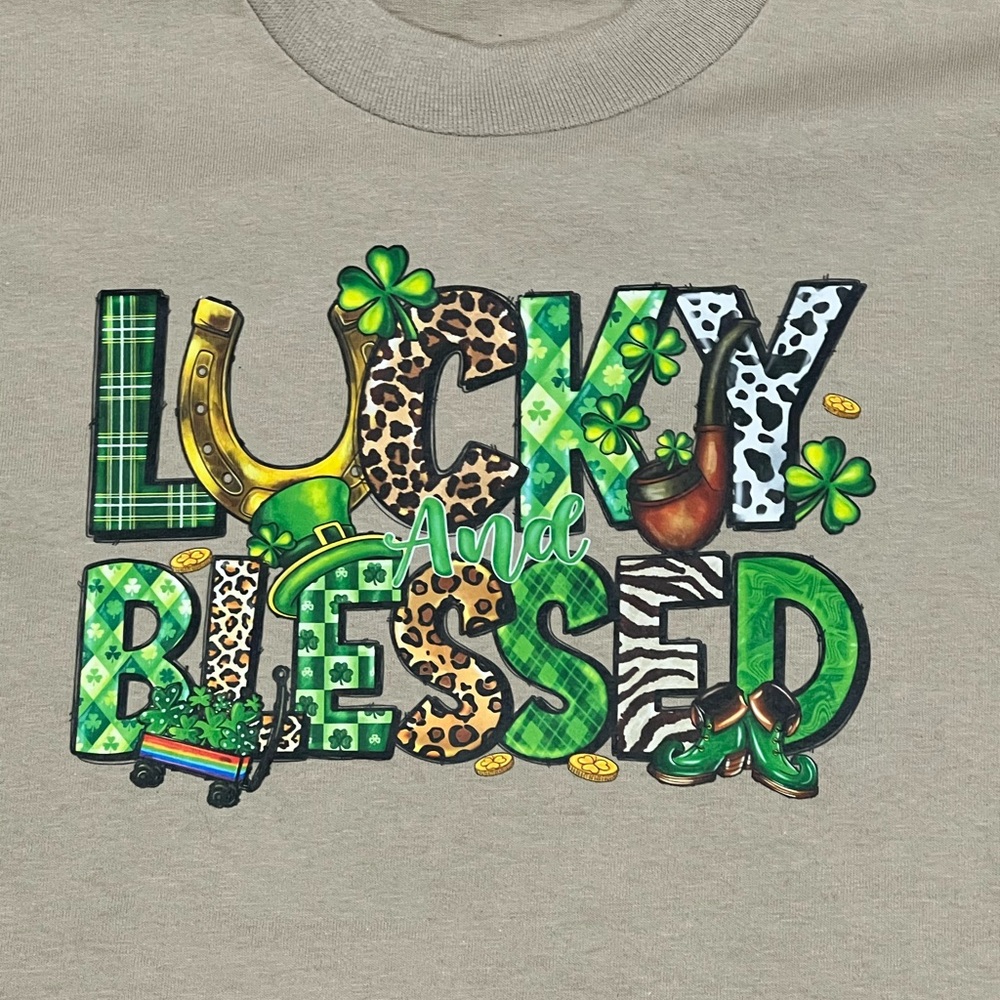 St Patrick’s Day Lucky and Blessed Adult small Shirt - Green and tan